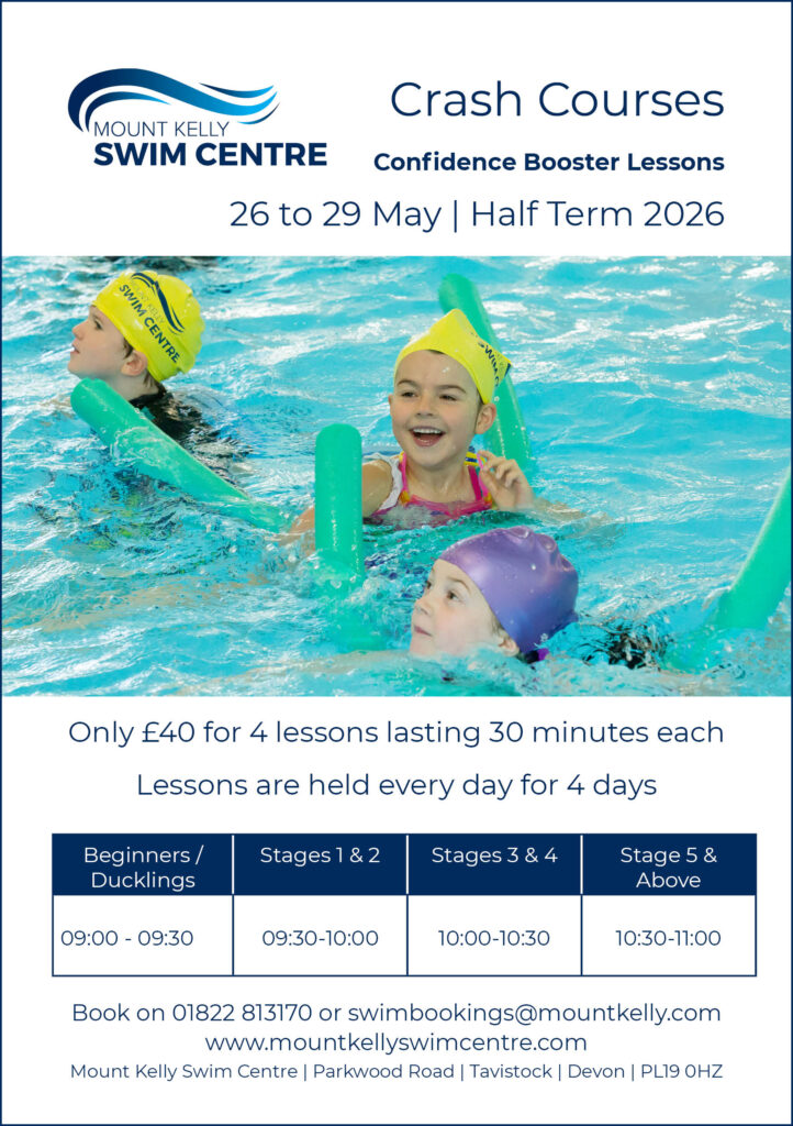 Banner for Mount Kelly Swim Centre promoting Crash Courses (Confidence Booster Lessons), 26–29 May 2026; kids swimming with pool noodles in a bright pool.