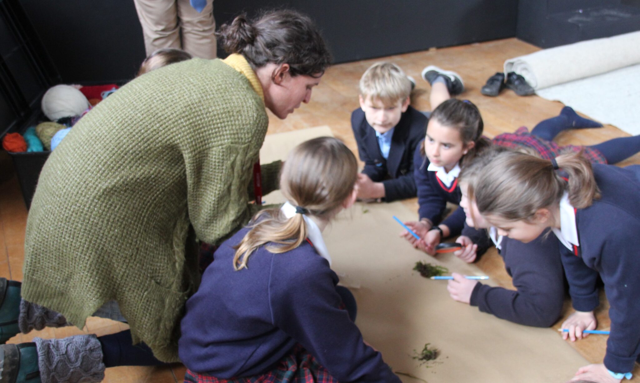 students looking at moss