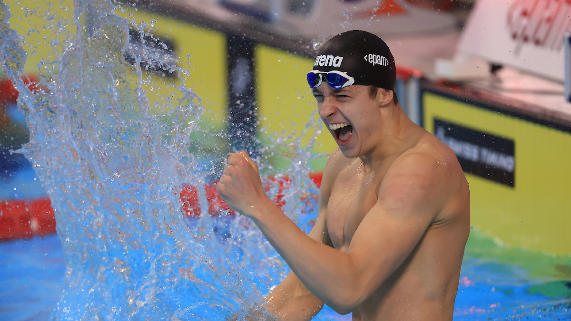 swimmer celebrating