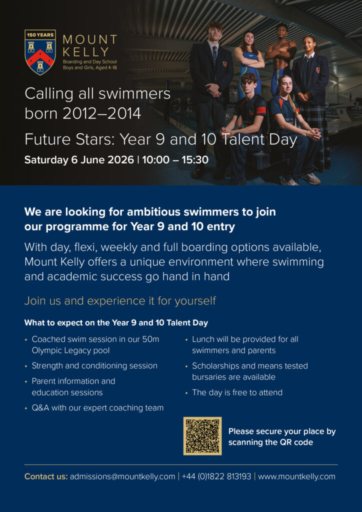Promotional poster for Mount Kelly swimming program with students posing by a poolside, listing event details for Future Stars Day 2026 and contact info.