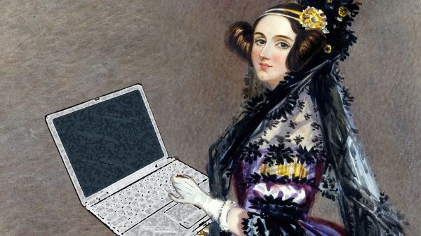 Portrait of a Victorian-era woman in a black lace shawl, holding a laptop as a playful anachronism, blending old and new tech.