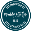 Circular teal endorsement badge reading 'Recommended by Muddy Streets — Best Schools Guide 2026'.