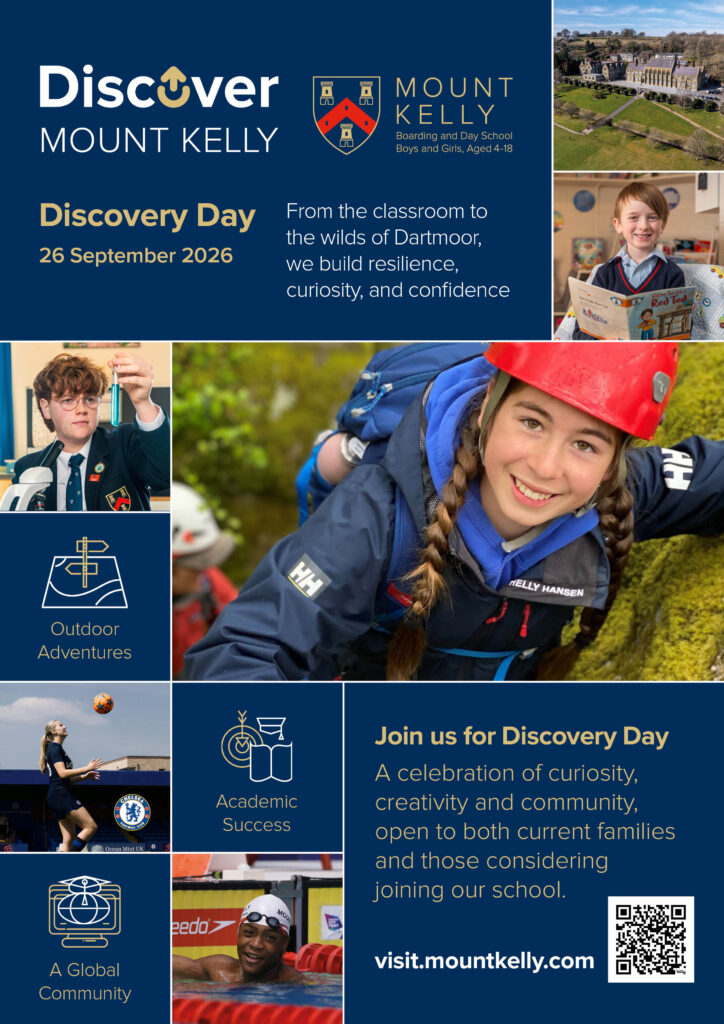 Collage poster promoting Discovery Day at Mount Kelly with students, outdoor activities, and campus images.