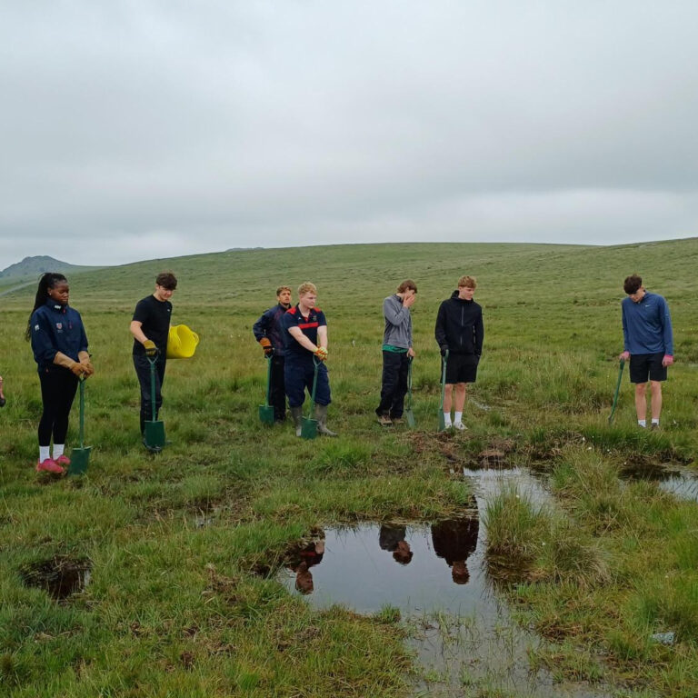 Group of young people with shovels lined up in a grassy field beside a shallow pond on a cloudy day.