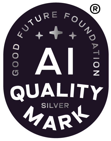 Oval badge on a dark background reading 'AI QUALITY MARK' with 'SILVER' below and 'GOOD FUTURE FOUNDATION' around the edge, with a small ® symbol and star icons.